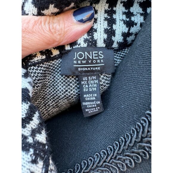 Jones New York Signature Houndstooth Black White Knit Poncho Zipper Closure S/M - Picture 5 of 10